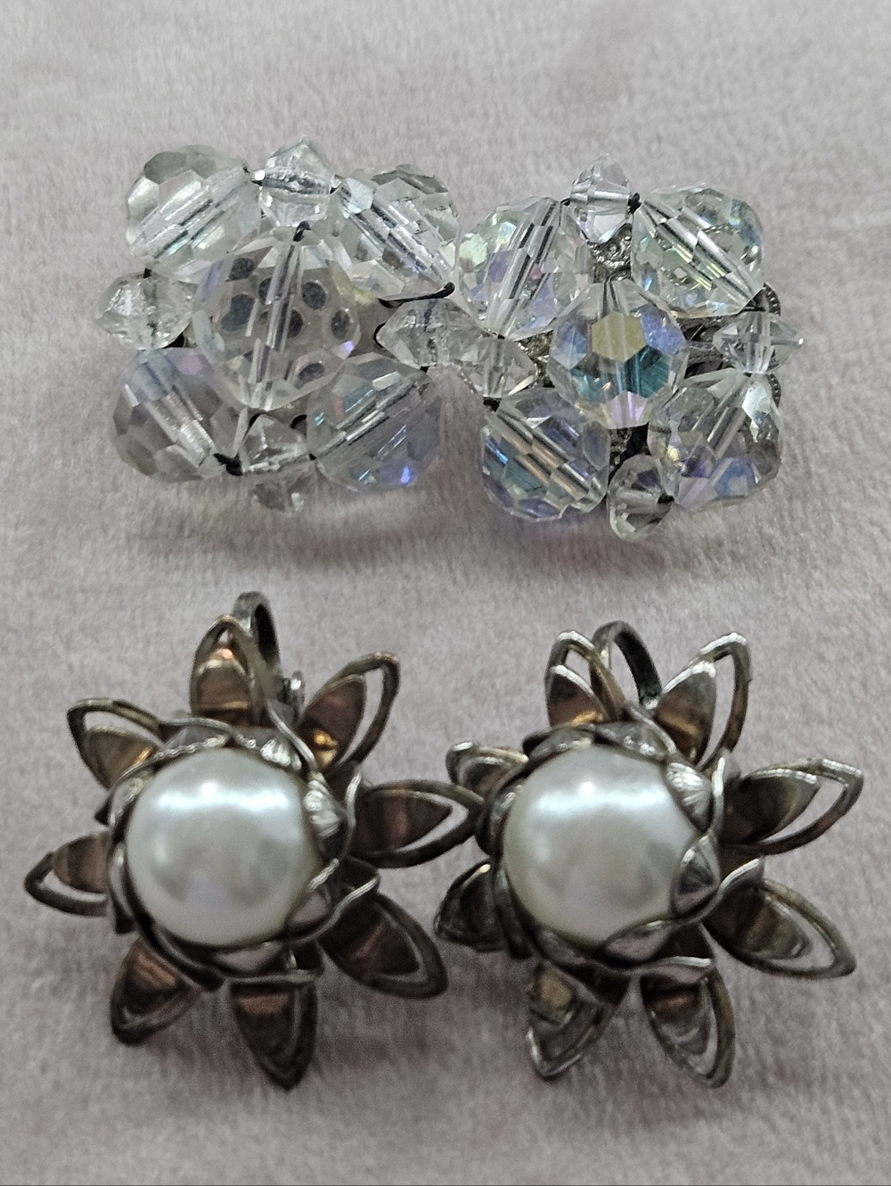 Antique Aurora Borialis Clip Earring and Pearl Flowers  2 Lovely pairs!